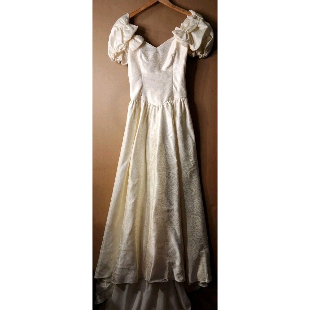 Vintage 80s 90s Satin Wedding Gown with Cathedral Train Romantic Brocade Floral - Picture 5 of 16